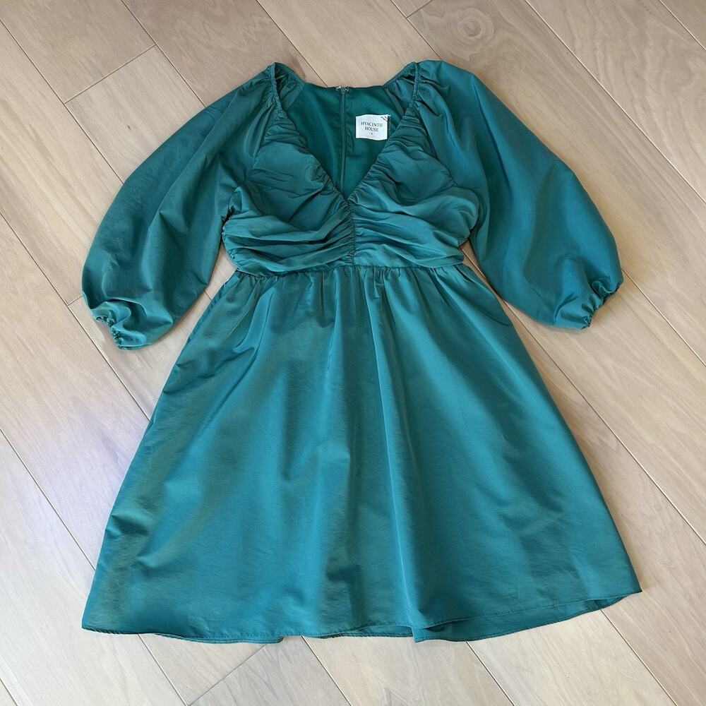 Hyacinth House Genevieve Ruched Puff Sleeve Mini Dress In Emerald Women’s Small